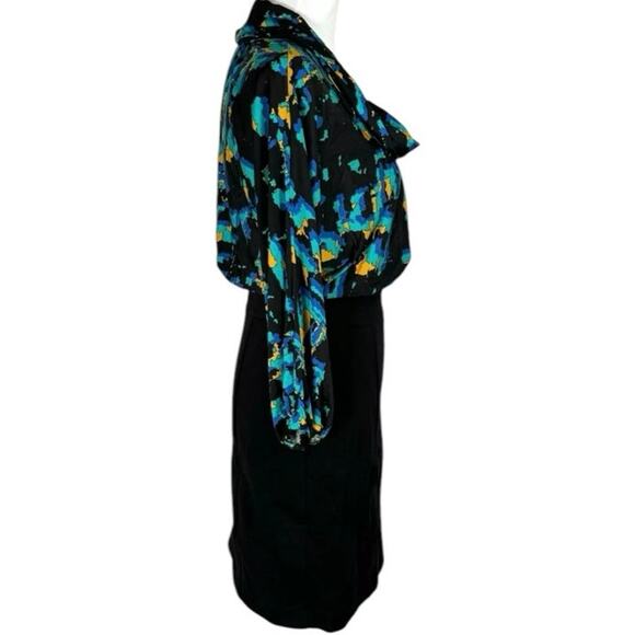 BCBGMaxazria Women 6 Abstract Paint Blue Blouson Dress Cowl‎ Neck Business - Picture 4 of 14